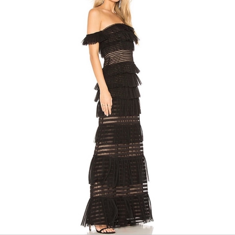 BCBG Max Azria black Elora off the shoulder ruffle gown, size 4